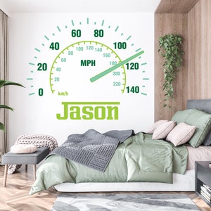 Custom Name Speedometer Racing Car Checkered Flags Wall Decal Wheel F1 Decal Personalized Racing Car Flag Vinyl Wall Sticker-Boy Room 756EZ