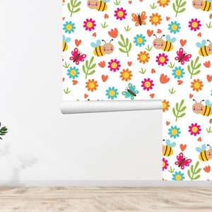 Spring Floral Wallpaper - Bees Flower Wallpaper Illustrated Bees Floral Vintage Retro Printed Removable Self Adhesive Wallpaper  609EZ