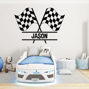 Large Custom Name Racing Car Tire Checkered Flags Wall Decal Wheel F1 Decal Personalized Racing Car Flag Vinyl Wall Sticker-Boy Room 1066EZ