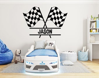 Large Custom Name Racing Car Tire Checkered Flags Wall Decal Wheel F1 Decal Personalized Racing Car Flag Vinyl Wall Sticker-Boy Room 1066EZ
