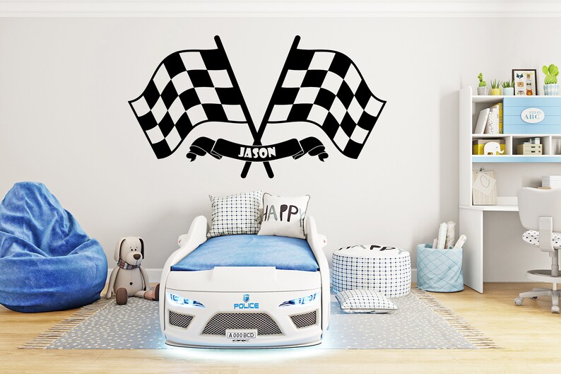 Large Custom Name Racing Car Tire Checkered Flags Wall Decal Wheel F1 ...