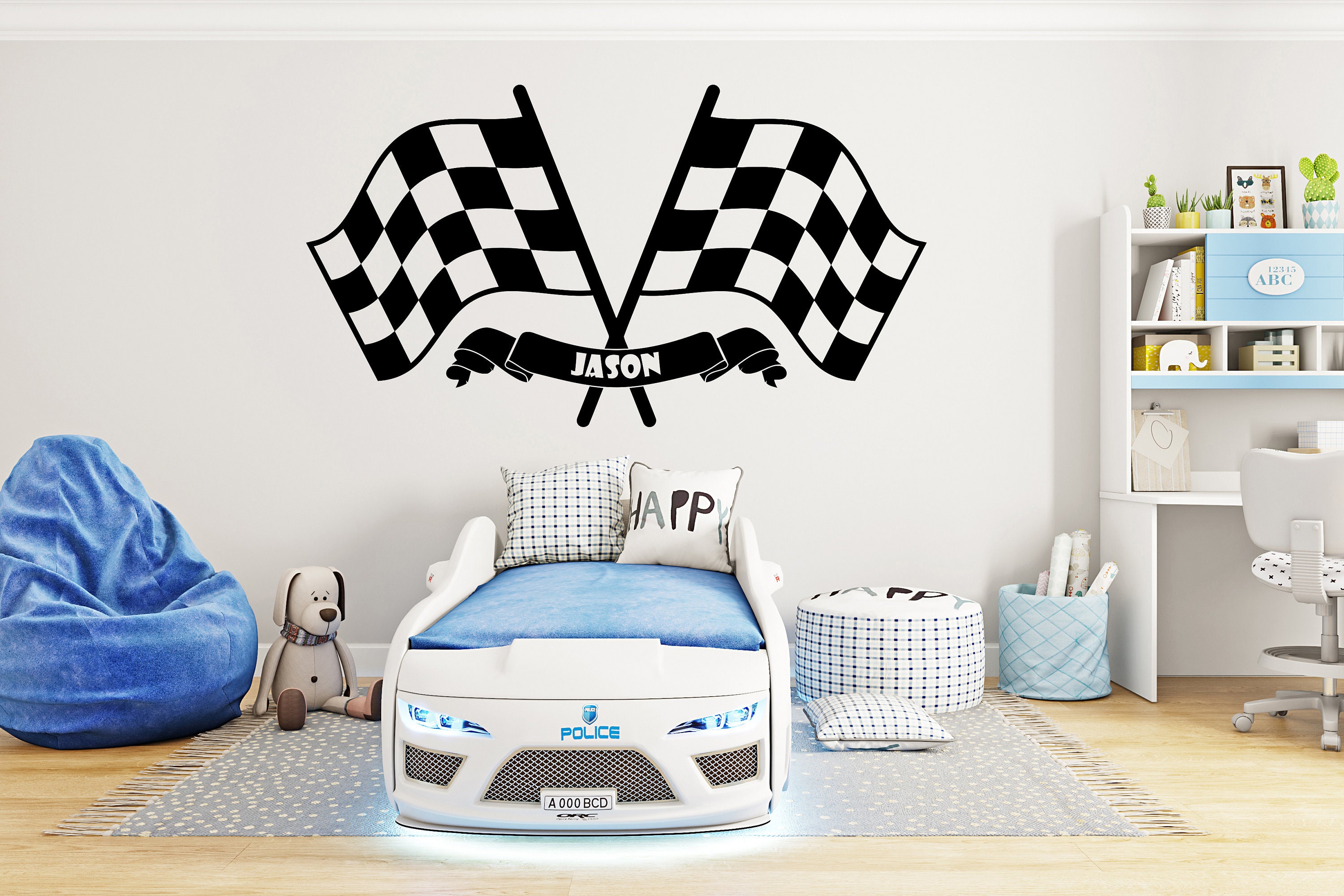 Large Custom Name Racing Car Tire Checkered Flags Wall Decal Wheel F1 ...