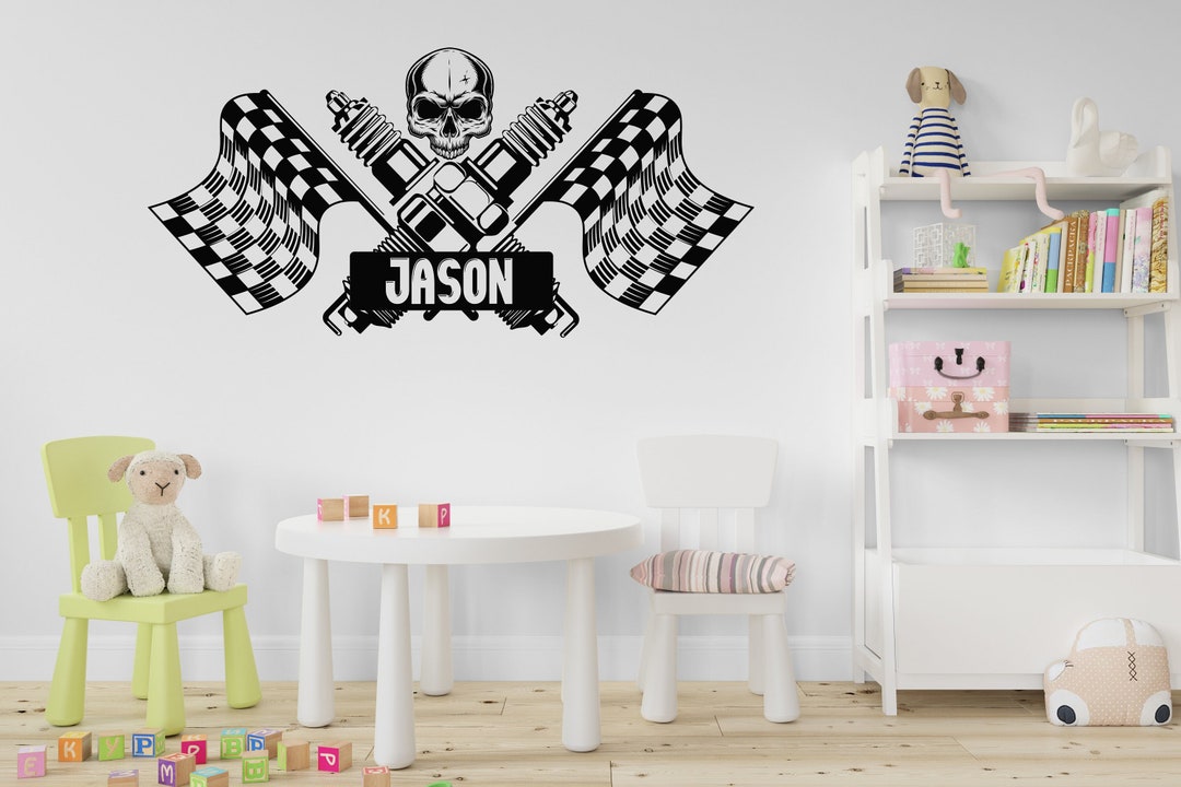 Race Flag Custom Name Wall Vinyl Decal Sports Racing Car Checkered Flag