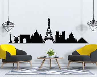 Vinilo decorativo de pared de París, pegatina de pared con el horizonte de París, arte de pared de la Torre Eiffel, decoración de pared de la Torre Eiffel SG585