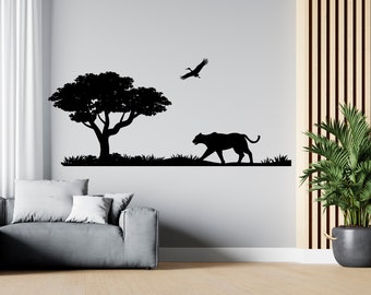 Vinilo decorativo de pared de la sabana africana con animales de safari, arte mural africano SG 1193