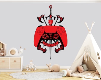 En el juego confiamos. Decoración de pared para gamers. Adhesivo de mando de videojuegos. Espada de videojuego. Dormitorio infantil de gamers. Vinilos decorativos para pared. Pegatina infantil 1004EZ