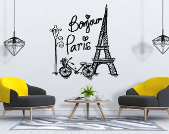 Vinilo decorativo de pared de París, pegatina de pared con el horizonte de París, arte de pared de la Torre Eiffel, decoración de pared de la Torre Eiffel SG581