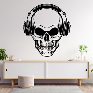 Skull with headphone wall Decal, Skull Wall Decal, Skull Wall Art, Skull Wall Decor Skull Wall Sticker Wall Decor Bedroom Home Art 1291EZ