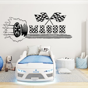 Large Custom Name Racing Car Tire Checkered Wall Decal Wheel Tire in Smoke Personalized Racing Car Flag Vinyl Wall Sticker-Boy Room 1589EZ