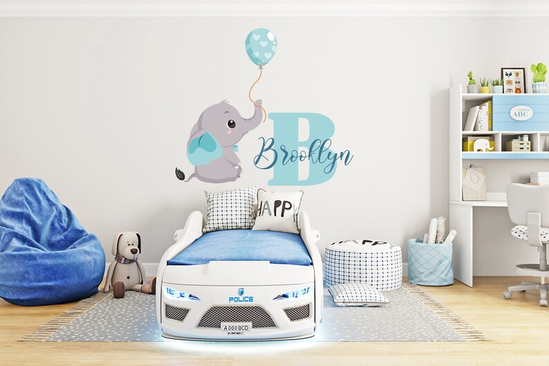 Personalized Name Wall Decal Boy Elephant Initial Fancy Cursive Name ...