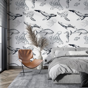 Sea Animals Wallpaper, Octopus Wallpaper Whale Wallpaper Jellyfish, Turtle Wallpaper, Sea Peel and Stick Wallpaper 849EZ