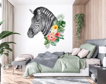 Zebra Wall Decal, Zebra Flower Wall Art, Zebra Head Wall Decor Zebra Wall Sticker Zebra Floral Wall Decor Safari, Zebra Print Gift 382EZ