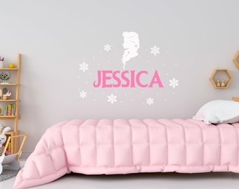 Vinilo decorativo de pared con nombre personalizado, vinilo decorativo de pared con corona congelada, vinilo decorativo de pared con copos de nieve y nombre personalizado para guardería SG486