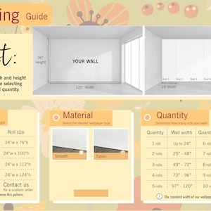May include: A guide for ordering wallpaper, with illustrations of a wall and rolls of wallpaper. The guide includes information on measuring the wall, selecting the size and material of the wallpaper, and determining the quantity of rolls needed.
