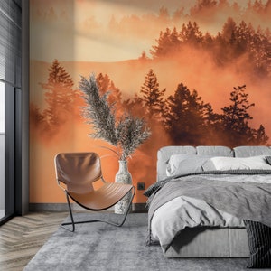 Forest Sunset Mural Wall Art - Mountain, Fog Mural wall decor Mural Room Mural gifts for her Removable Adhesive Mural 1104EZ