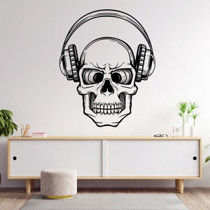 Skull with Headphone wall Decal, Skull Wall Decal, Skull Wall Art, Skull Wall Decor Skull Wall Sticker Wall Decor Bedroom Home Art 1293EZ