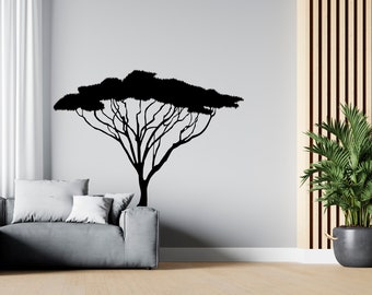 Vinilo decorativo de pared con silueta de árbol de la sabana africana / Arte en vinilo con silueta de naturaleza / Decoración para sala de estar / SG1201