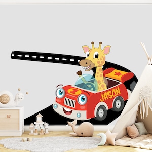 Giraffe Car Wall Decals, Custom Name Car Nusery Wall Decal Tire Marks Room Decor, Nursery, Playroom Vinyl Sticker Space Wall Art Decor 979EZ