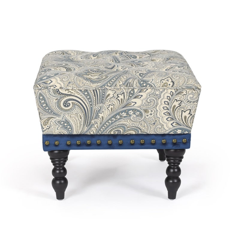 25 Tufted Ottoman Footstool MidCentury Blue Paisley Floral Etsy