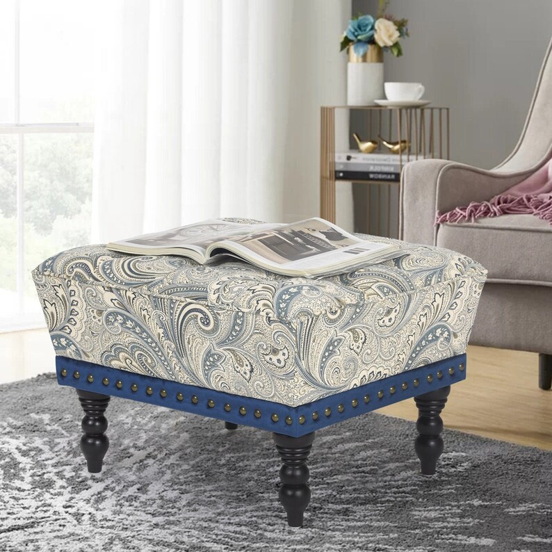 25 Tufted Ottoman Footstool MidCentury Blue Paisley Floral Etsy