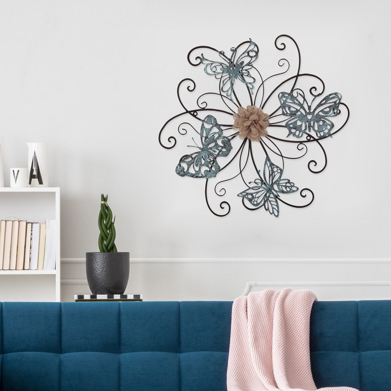 Large Flower Metal Wall Art with Butterfly Ornament and