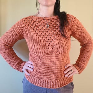 May include: An orange crocheted sweater with a square openwork pattern on the chest and upper back. The sweater has long sleeves and a ribbed hem. The neckline is a boat neck style, and the colour is a warm orange.