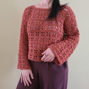 Peut inclure: Un pull en crochet de couleur terre cuite avec des manches longues et un col rond. Le motif ajouré révèle la peau en dessous. Les manches s'évasent à partir du coude. Le pull est associé à un pantalon violet foncé.