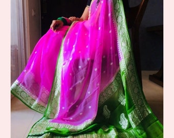 Orange Exclusive Designer Banarasi Silk Khaddi Chiffon Georgette party wedding handloom saree zari weaving sari Durga puja Running Blouse