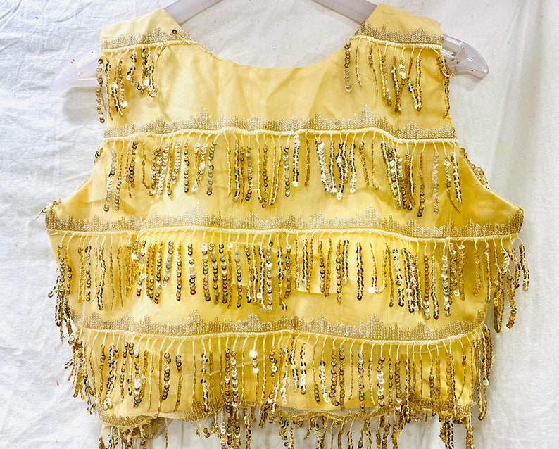 Golden Bollywood Readymade Saree Blouse Indian Sequence Embroidered Choli Stitched Sari Wedding wear Fabric Craft Tunic Top Brides Women