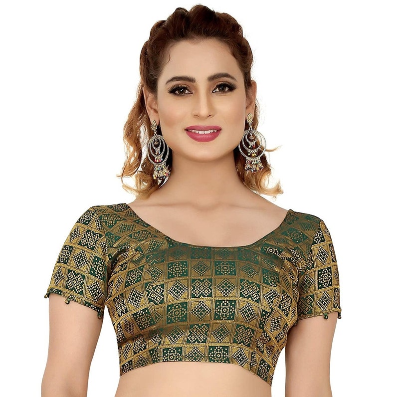 Green Short Length Sleeves Benarasi Brocade Saree Blouse Readymade Designer Silk Saree Blouse Fabric Tunic Top sari Choli Women Indian