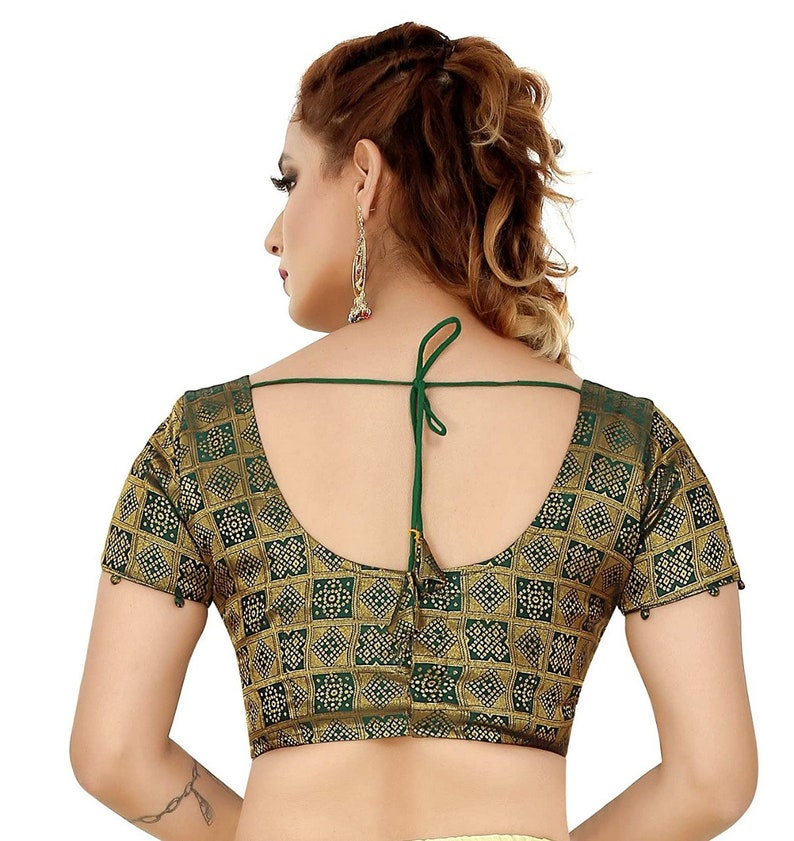Green Short Length Sleeves Benarasi Brocade Saree Blouse Readymade Designer Silk Saree Blouse Fabric Tunic Top sari Choli Women Indian