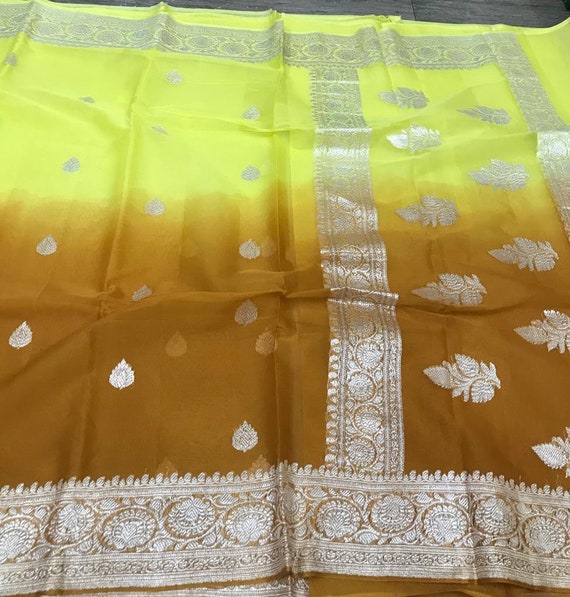 Double Shaded Pure Chiffon Georgette Banarasi Silk Special Occasion Exclusive Zari Saree Designer Weaving Fabric Sari Women Blouse Wedding