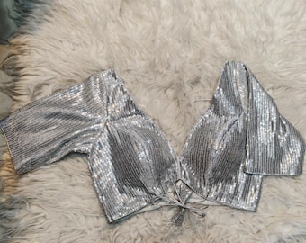 Silver Designer Ethnic Blouse | Custom Indian Wedding Crop Top, Boho Festival Sari Blouse