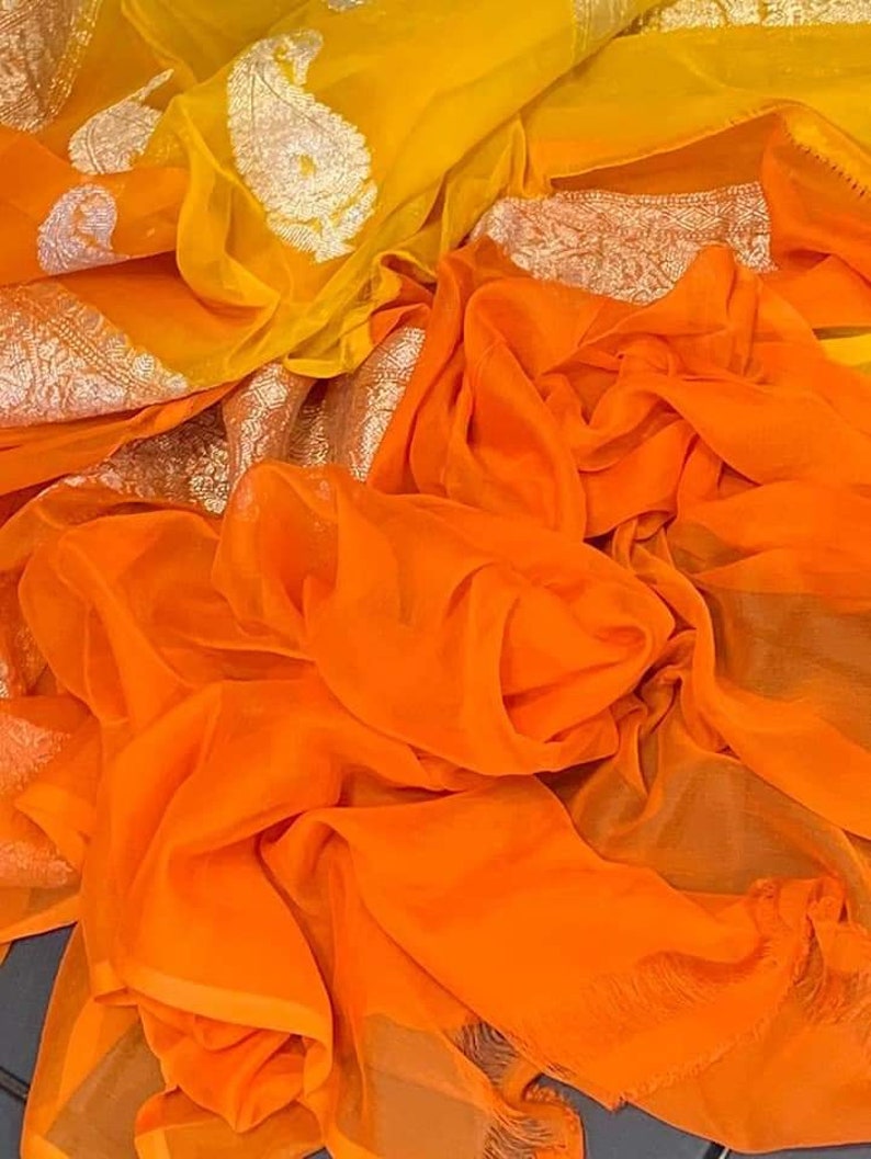 Orange Exclusive Designer Banarasi Silk Khaddi Chiffon Georgette party wedding handloom saree zari weaving sari Durga puja Running Blouse