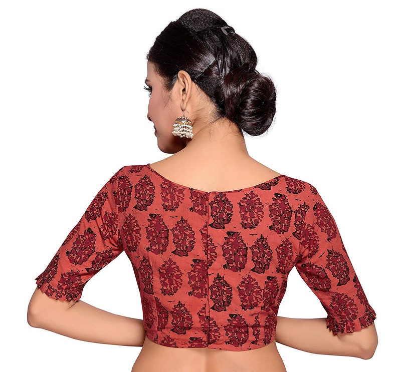 Red Cotton Block Printed Saree Blouse Bridesmaid Saree Designer Ready made Blouse Pearl Work Blouse Sari Party wear Wedding