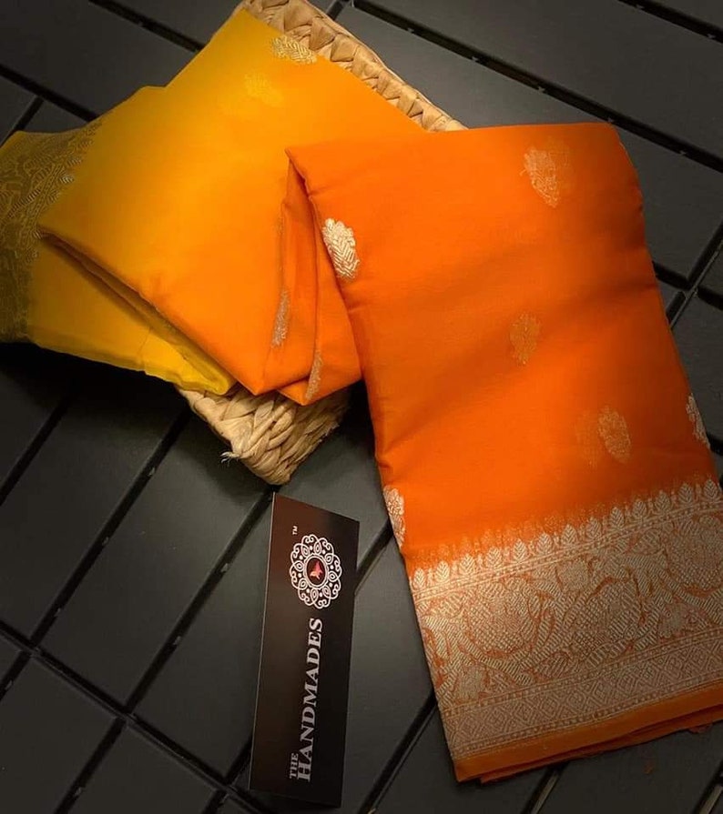 Orange Exclusive Designer Banarasi Silk Khaddi Chiffon Georgette party wedding handloom saree zari weaving sari Durga puja Running Blouse