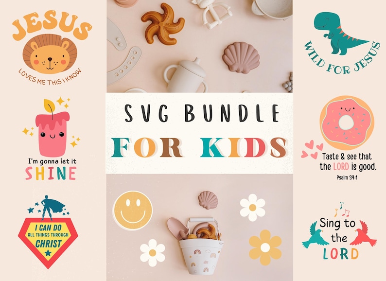 Puede incluir: Una colecci&oacute;n de dise&ntilde;os SVG coloridos para ni&ntilde;os con temas religiosos, personajes lindos y citas inspiradoras. Los dise&ntilde;os incluyen un le&oacute;n con el texto "Jes&uacute;s me ama, esto lo s&eacute;", una vela con el texto "Voy a dejar que brille", un superh&eacute;roe con el texto "Todo lo puedo en Cristo", una dona con el texto "Gustad y ved que Jehov&aacute; es bueno. Salmo 34:1", un dinosaurio con el texto "Salvaje por Jes&uacute;s", y p&aacute;jaros con el texto "Cantad al Se&ntilde;or".