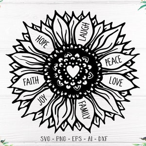 Puede incluir: Ilustración en blanco y negro de línea de arte de un girasol con las palabras "Hope", "Laugh", "Faith", "Joy", "Family", "Peace" y "Love" escritas en los pétalos. Un corazón está en el centro del girasol.