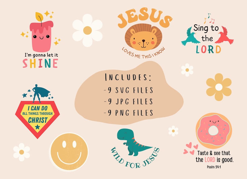 Puede incluir: Un conjunto de nueve ilustraciones digitales con temas religiosos. Las ilustraciones incluyen un le&oacute;n, un dinosaurio, una vela, un superh&eacute;roe, una dona y una margarita. El texto en las im&aacute;genes incluye "Jes&uacute;s me ama, lo s&eacute;", "Todo lo puedo en Cristo", "Canta al Se&ntilde;or", "Salvaje por Jes&uacute;s", "Gustad y ved que Jehov&aacute; es bueno", y "Voy a dejar que brille".