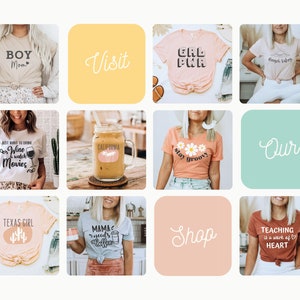 May include: A collage of nine images featuring various t-shirt designs with text such as "Boy Mom", "Girl Power", "I Just Want To Drink Wine & Watch Movies", "Stay Groovy", "Texas Girl", "Mama Needs Coffee", and "Teaching Is A Work Of Heart". The images also include a glass jar with a label that says "California" and a text overlay that says "Visit Our Shop".
