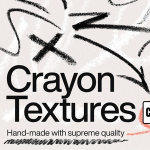 Pode incluir: Gráfico digital com texturas de giz preto sobre um fundo bege claro. A imagem inclui várias formas desenhadas à mão, setas e rabiscos. O texto diz "Crayon Textures" e "Hand-made with supreme quality."