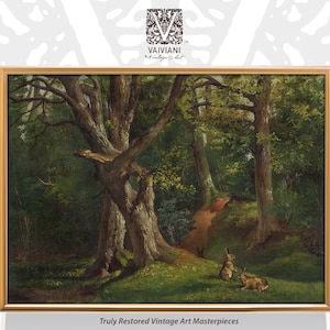 May include: A vintage oil painting depicting a forest scene with a dirt path leading through the trees. Two rabbits are in the foreground, one standing and one sitting. The painting is framed in a gold frame.