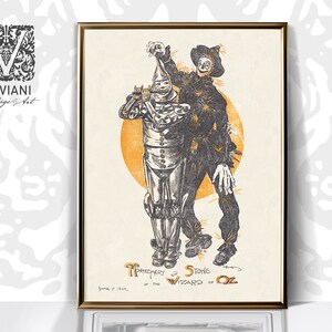 May include: A vintage illustration of the Tin Man and the Scarecrow from the Wizard of Oz. The Tin Man is holding a small object in his hand, and the Scarecrow is holding a broom. The illustration is in black and white with a yellow background.