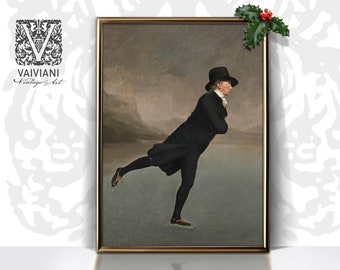 Vintage Dark Academia Decor Winter Wall Art Gentleman Skating Printable Moody Neutral Holiday Digital Prints Man Portrait Christmas Painting