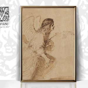 May include: A black and white drawing of an angel with wings, holding a branch with leaves. The angel is depicted in a classical style, with flowing robes and a serene expression.