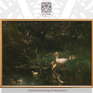 May include: A vintage oil painting depicting a white duck with ducklings in a pond surrounded by green foliage. The painting is framed in a gold frame.