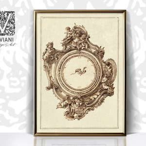 May include: A vintage illustration of a clock face surrounded by an ornate frame with cherub figures. The clock face is circular and has a simple design with Roman numerals. The frame is detailed with scrolls and leaves.