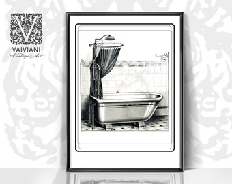 Vintage Bathtub Sketch: Antique Bathroom Art Print (Digital Download)