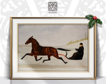 Rustic Winter Sleigh Ride Wall Art Vintage Christmas Landscape Holiday Decor Digital Download Country Horse Drawn Sleigh Painting Farmhouse