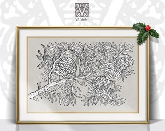 Vintage Winter Botanischer Druck Tannenbaum Ast Skizze Radierung druckbare Wandkunst Neutral Weihnachten Bauernhaus Gemütliches Dekor Digitaler Download